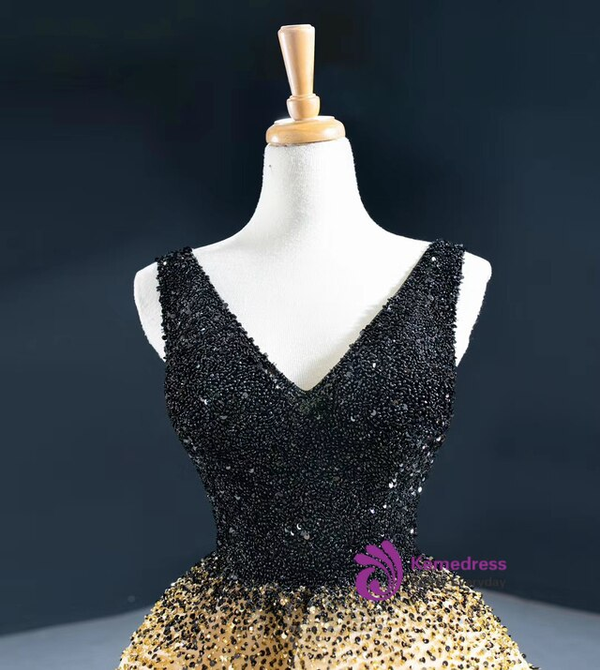 Champagne Hi Lo Organza V-neck Black Beading Prom Dress