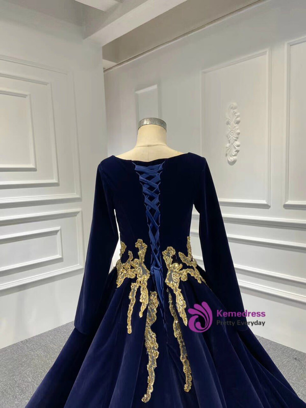 New arrivals Blue Velvet Long Sleeve Appliques Beading Prom Dress