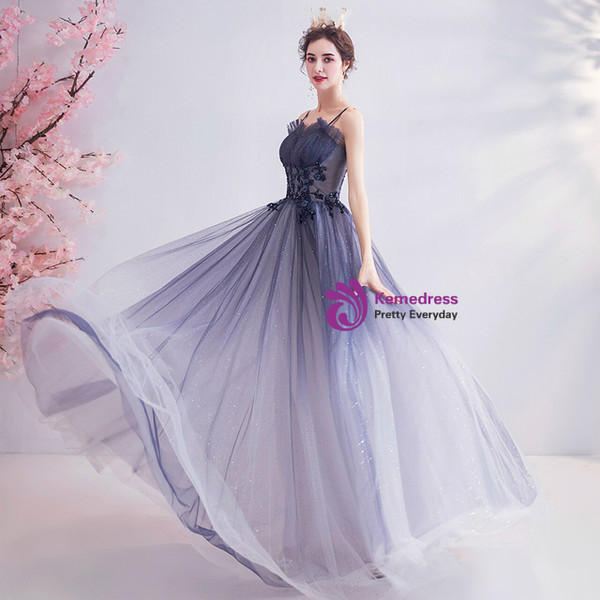 In Stock:Ship in 48 Hours Blue Tulle Sequins Appliques Prom Dress