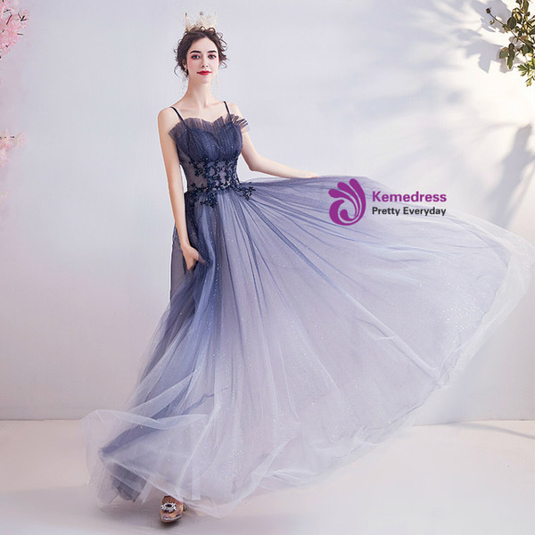 In Stock:Ship in 48 Hours Blue Tulle Sequins Appliques Prom Dress