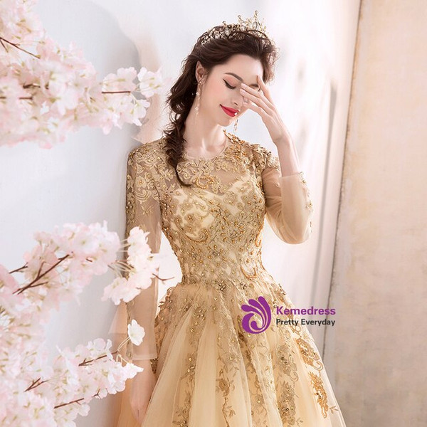 In Stock:Ship in 48 Hours Tulle Long Sleeve Appliques Prom Dress