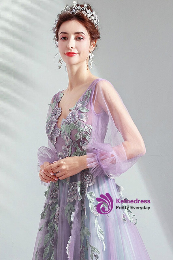 In Stock:Ship in 48 Hours Purple Appliques Long Sleeve Prom Dress