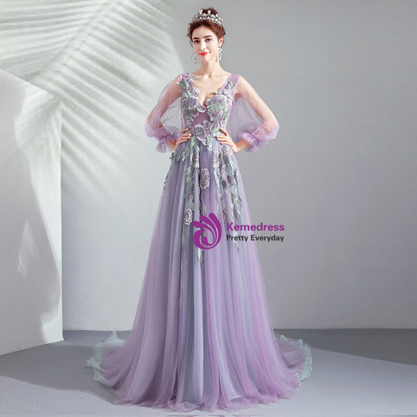 In Stock:Ship in 48 Hours Purple Appliques Long Sleeve Prom Dress