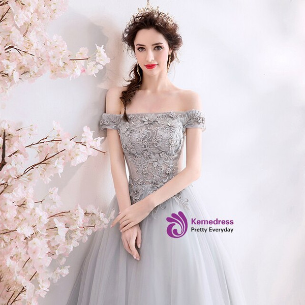 In Stock:Ship in 48 Hours Gray Tulle Appliques Beading Prom Dress