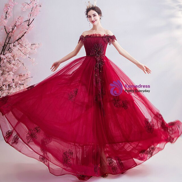 In Stock:Ship in 48 Hours Burgundy Tulle Appliques Prom Dress