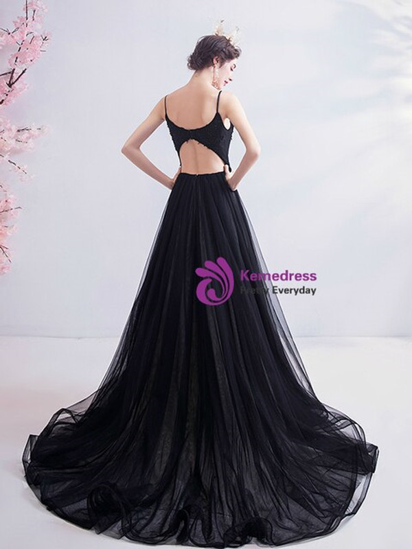 In Stock:Ship in 48 Hours Black Tulle Appliques Beading Prom Dress