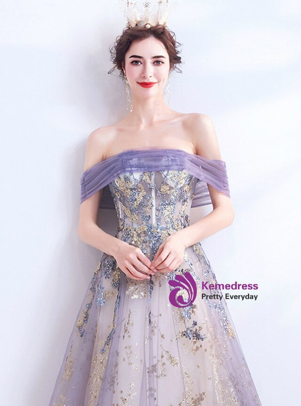 In Stock:Ship in 48 Hours Purple Sequins Tulle Prom Dress