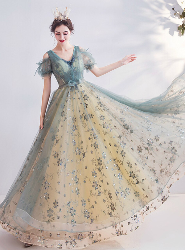 In Stock:Ship in 48 Hours Green Sequins Tulle V-neck Prom Dress