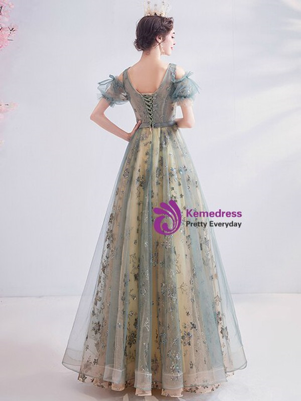 In Stock:Ship in 48 Hours Green Sequins Tulle V-neck Prom Dress