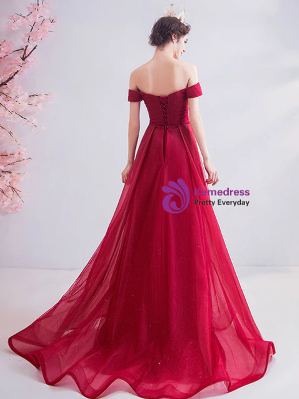 In Stock:Ship in 48 Hours Burgundy Tulle Prom Dress With Split