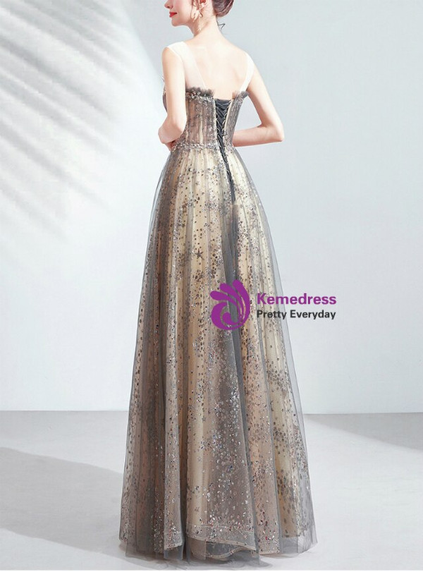 In Stock:Ship in 48 Hours Gray Tulle Long Prom Dress