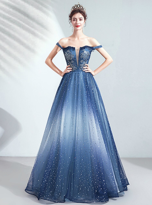 In Stock:Ship in 48 Hours Blue Sequins Beading Prom Dress