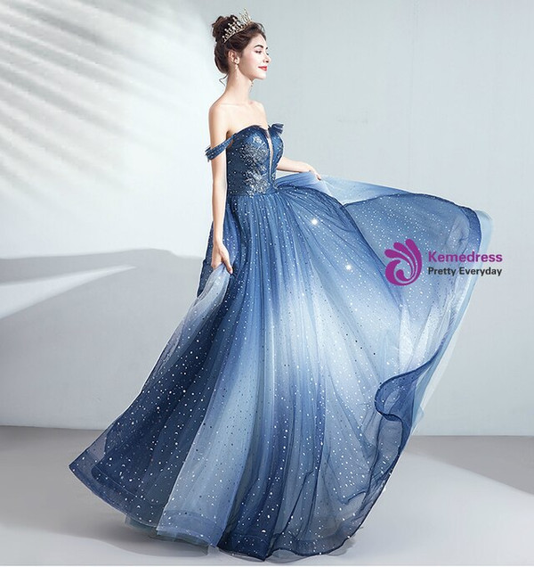 In Stock:Ship in 48 Hours Blue Sequins Beading Prom Dress