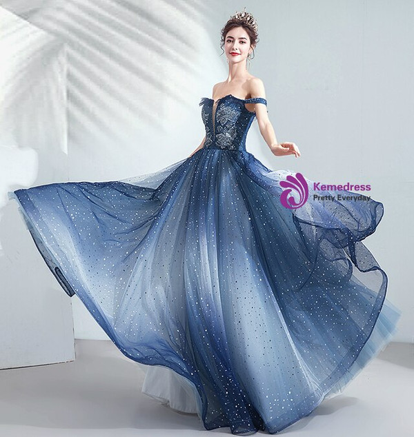 In Stock:Ship in 48 Hours Blue Sequins Beading Prom Dress