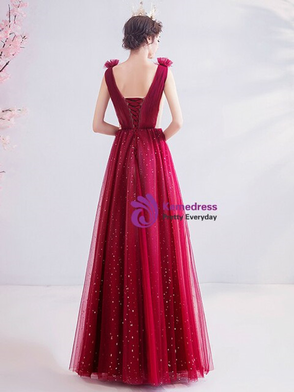 In Stock:Ship in 48 Hours Burgundy Tulle Deep V-neck Prom Dress