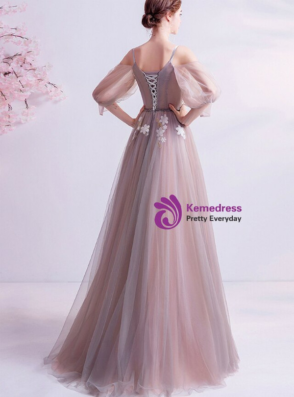 In Stock:Ship in 48 Hours Tulle Short Sleeve Appliques Prom Dress