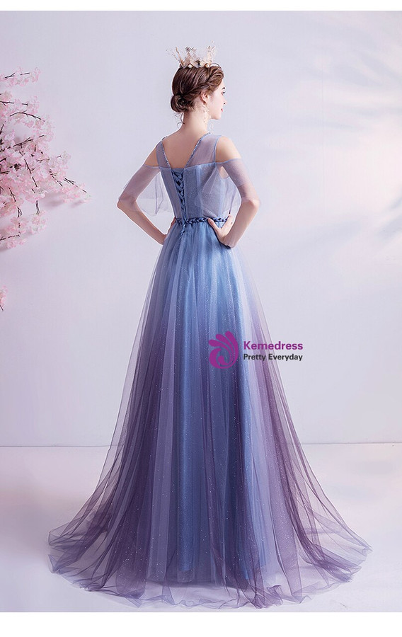 In Stock:Ship in 48 Hours Blue Tulle Scoop Prom Dress