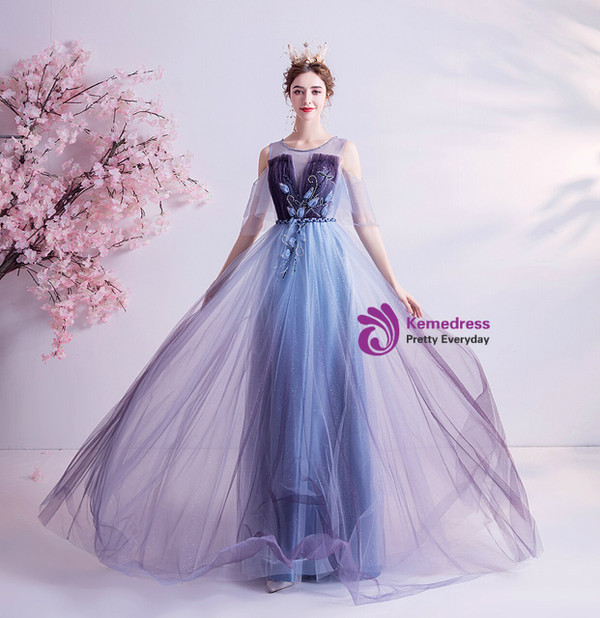 In Stock:Ship in 48 Hours Blue Tulle Scoop Prom Dress