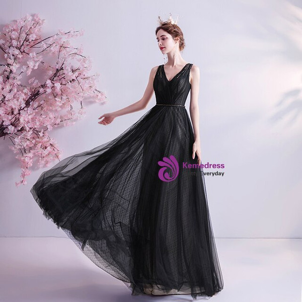 In Stock:Ship in 48 Hours Tulle V-neck Black Prom Dress