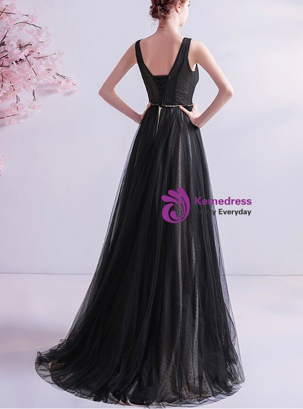 In Stock:Ship in 48 Hours Tulle V-neck Black Prom Dress