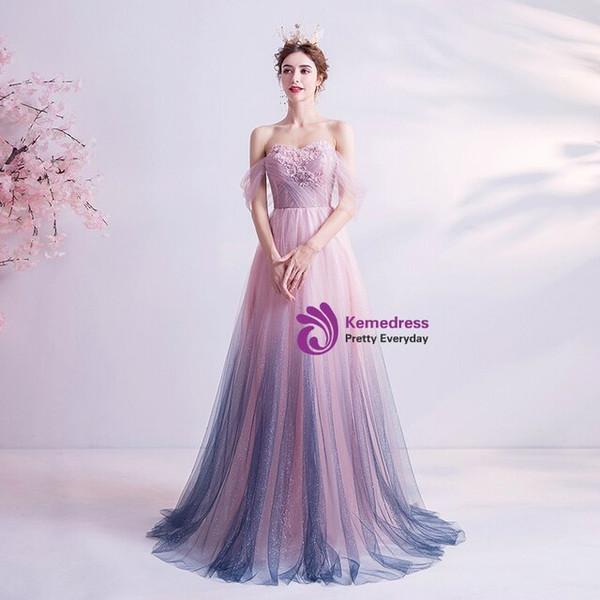 In Stock:Ship in 48 Hours Pink Tulle Off the Shoulder Prom Dress