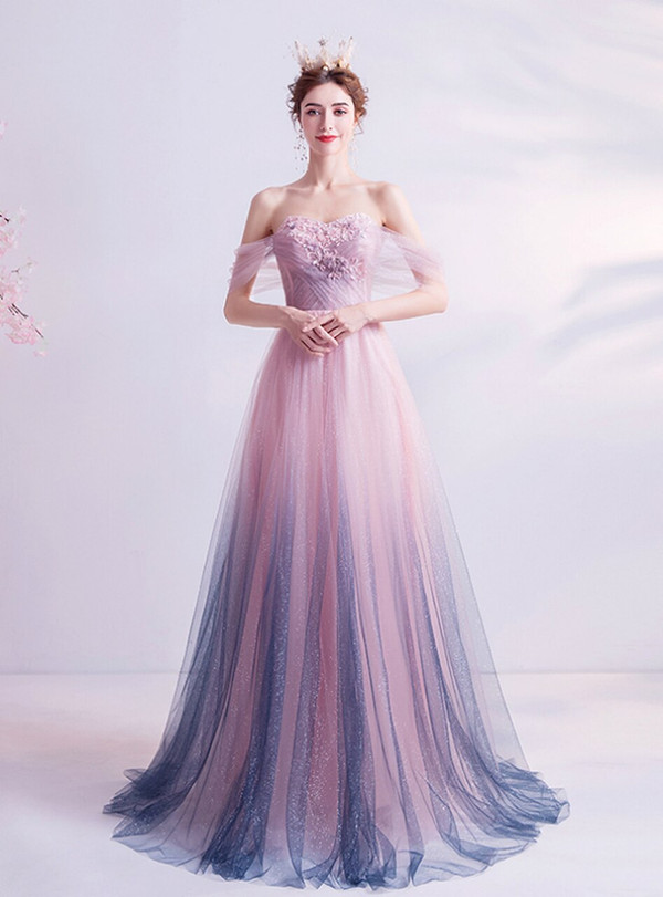 In Stock:Ship in 48 Hours Pink Tulle Off the Shoulder Prom Dress