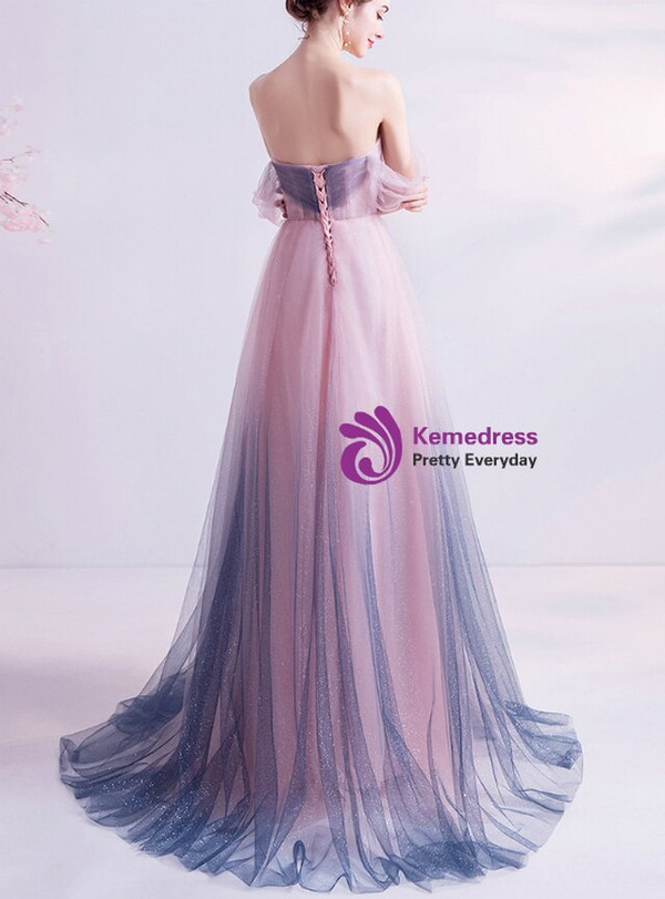In Stock:Ship in 48 Hours Pink Tulle Off the Shoulder Prom Dress