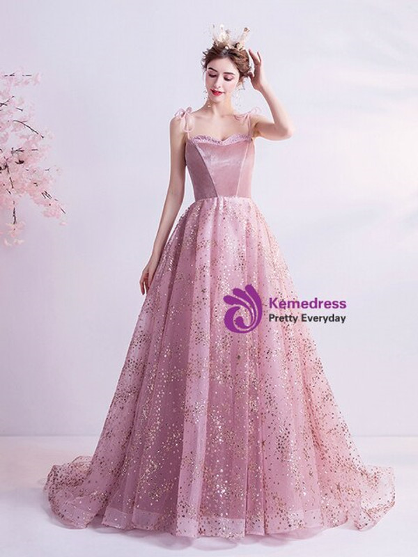 In Stock:Ship in 48 Hours Pink Tulle Beading Spaghetti Straps Prom Dress