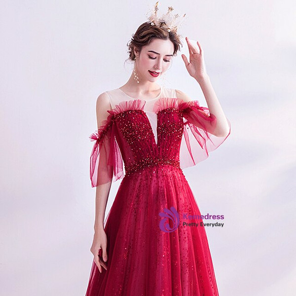 In Stock:Ship in 48 Hours Burgundy Beading Sequins Prom Dress