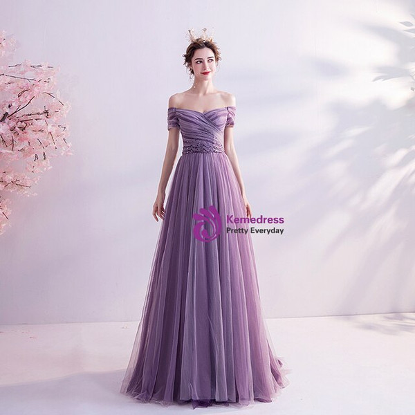 In Stock:Ship in 48 Hours Purple Tulle Pleats Beading Prom Dress