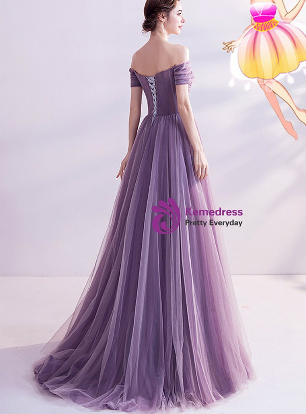 In Stock:Ship in 48 Hours Purple Tulle Pleats Beading Prom Dress
