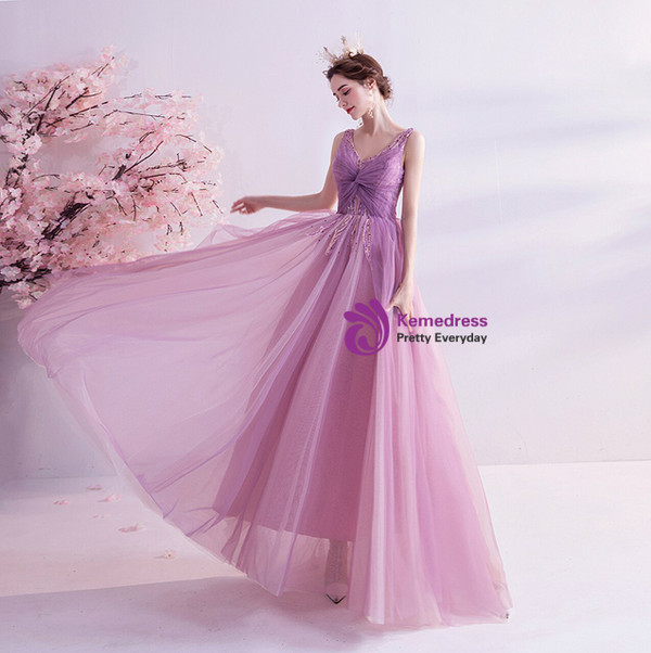 In Stock:Ship in 48 Hours Tulle V-neck Beading Prom Dress