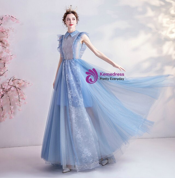 In Stock:Ship in 48 Hours Lace Tulle Blue Prom Dress