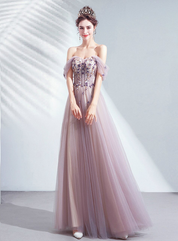 In Stock:Ship in 48 Hours Purple Tulle Appliques Prom Dress