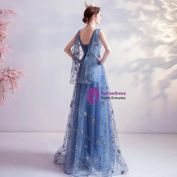 In Stock:Ship in 48 Hours Blue V-neck Sequins Prom Dress