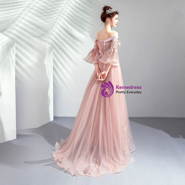 In Stock:Ship in 48 Hours Pink Tulle Embrodiery Prom Dress