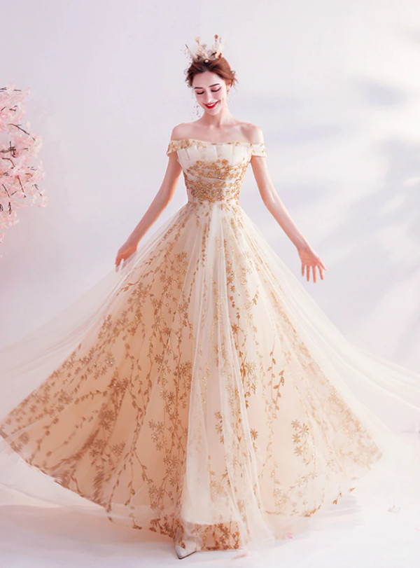 In Stock:Ship in 48 Hours Gold Sequins Tulle Prom Dress