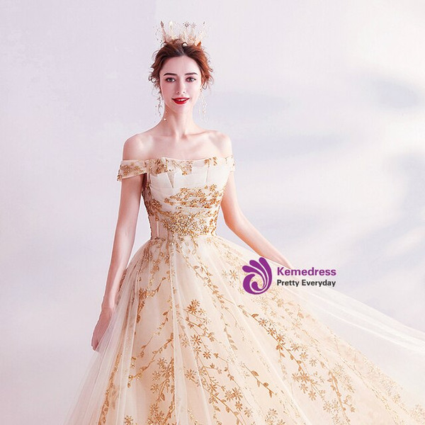 In Stock:Ship in 48 Hours Gold Sequins Tulle Prom Dress