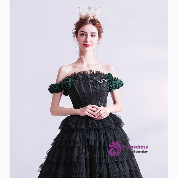 In Stock:Ship in 48 Hours Black Tulle Prom Dress With Belt
