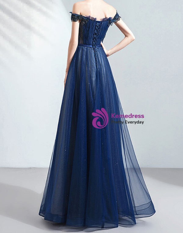 In Stock:Ship in 48 Hours Navy Blue Tulle Pleats Beading Prom Dress