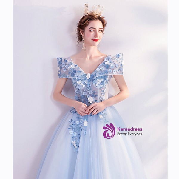 In Stock:Ship in 48 Hours Blue Appliques Prom Dress