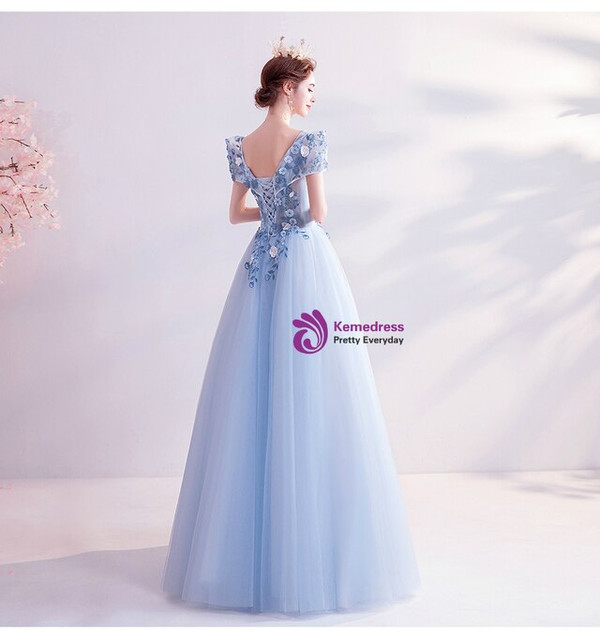 In Stock:Ship in 48 Hours Blue Appliques Prom Dress