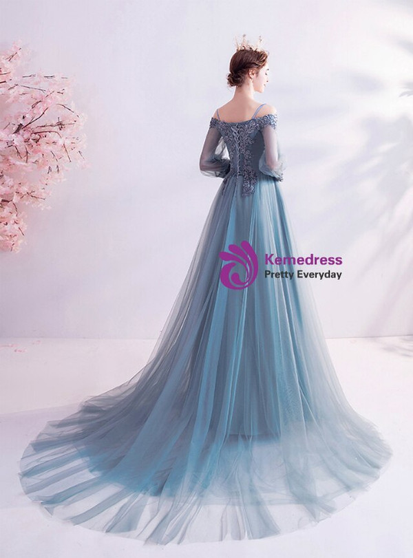 In Stock:Ship in 48 Hours Long Sleeve Tulle Spaghetti Straps Prom Dress