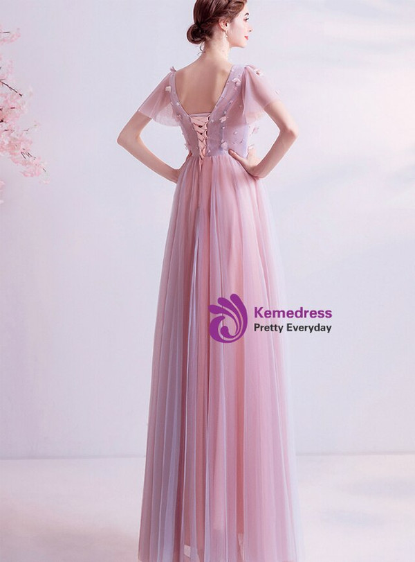 In Stock:Ship in 48 Hours Pink Tulle Appliques Long Prom Dress