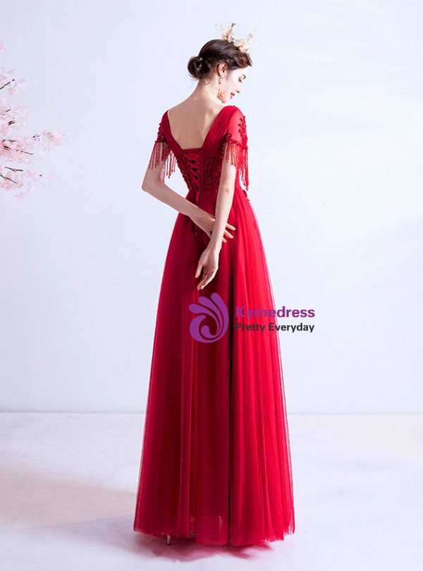 In Stock:Ship in 48 Hours Red Tulle Beading Prom Dress