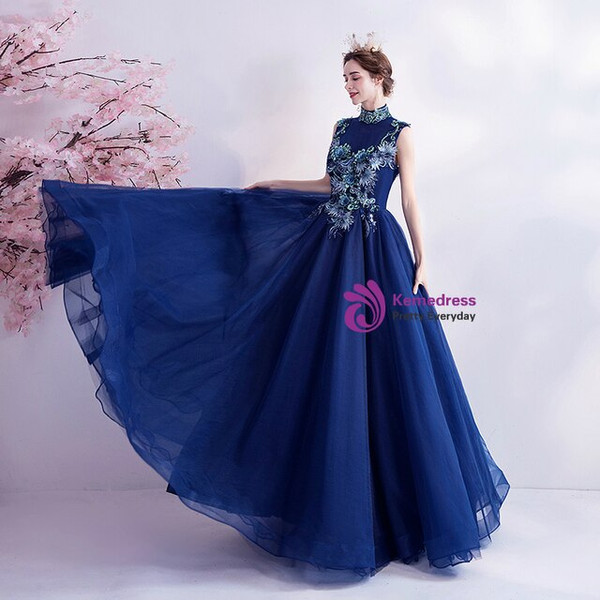 In Stock:Ship in 48 Hours Blue Tulle Appliques Backless Prom Dress
