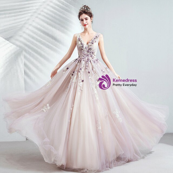 In Stock:Ship in 48 Hours Purple Appliques V-neck Prom Dress