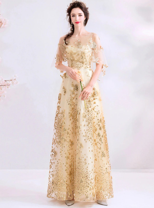 In Stock:Ship in 48 Hours Gold Tulle Sequins Prom Dress