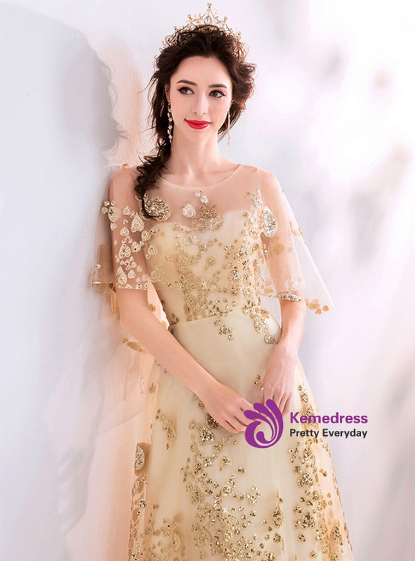 In Stock:Ship in 48 Hours Gold Tulle Sequins Prom Dress