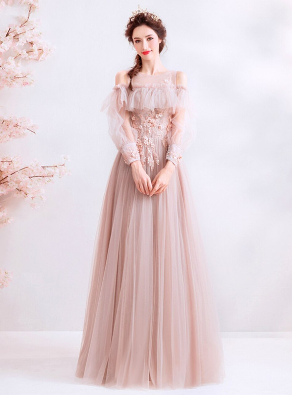 In Stock:Ship in 48 Hours Pink Long Sleeve Appliques Prom Dress